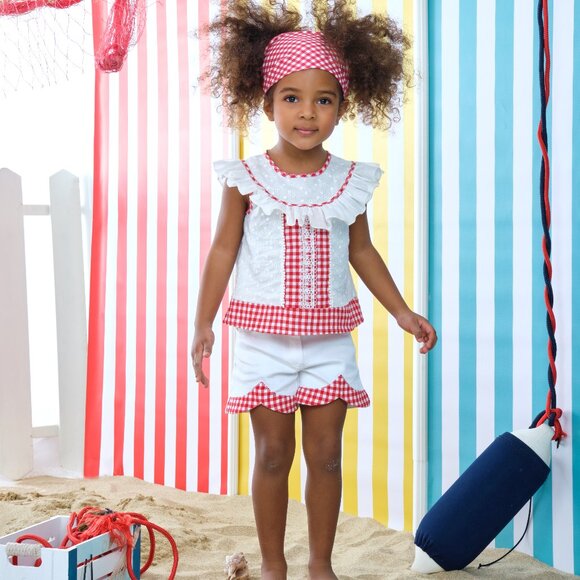 Gingham Girls Shorts Outfit in White and Red - Picture 1 of 8